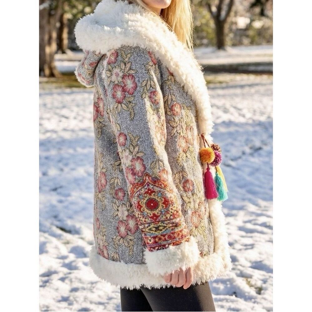 Johnny Was Biya Quarda Floral Faux Shearling Hooded Jacket Size M - Picture 3 of 16